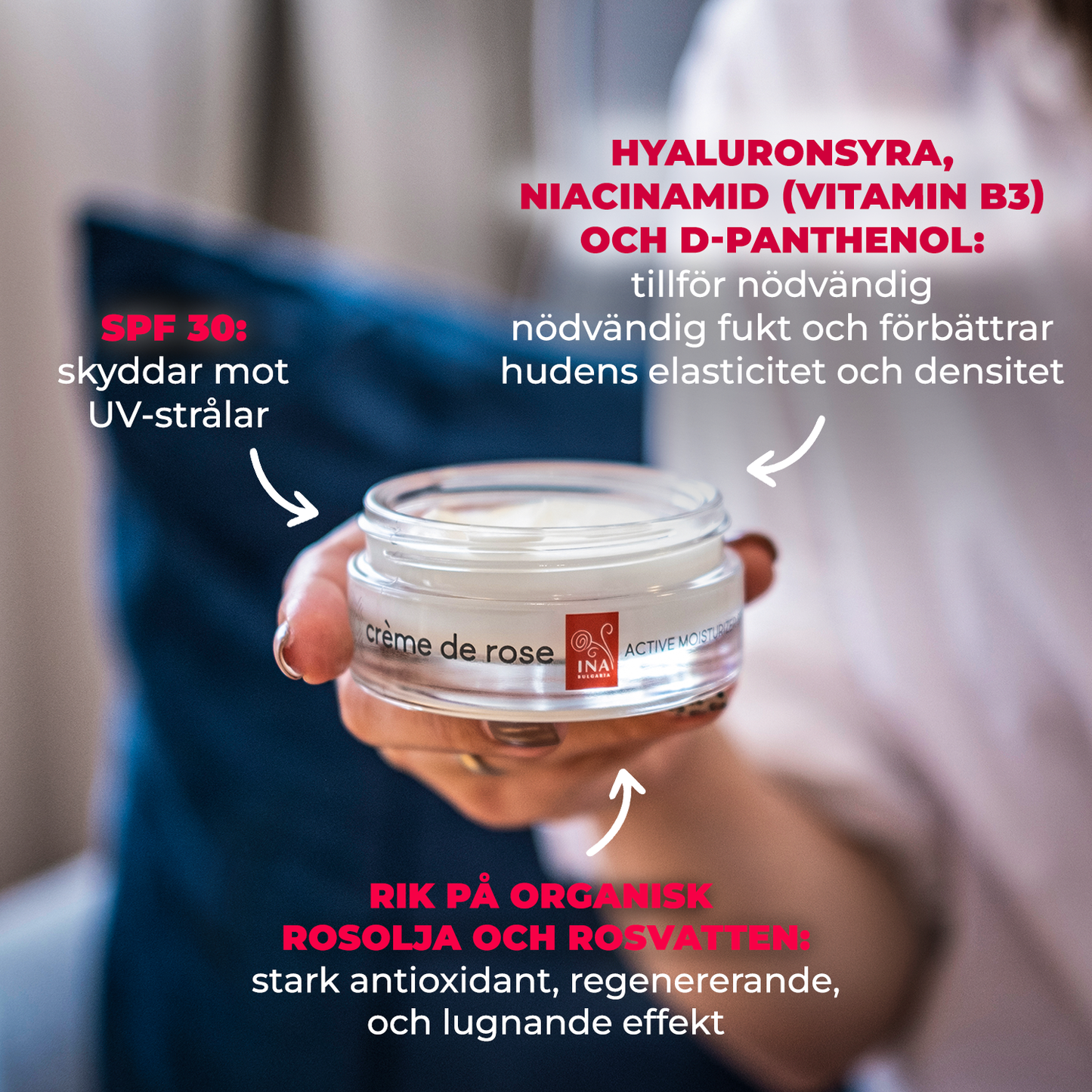 Återfuktande dagkräm för ansiktet med SPF 30 och ekologisk rosenolja
