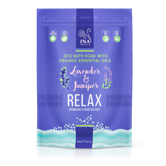 Relax – Sitz badsalt med Lavendel och Enbär för avslappning och stressminskning InaEssentials.SE