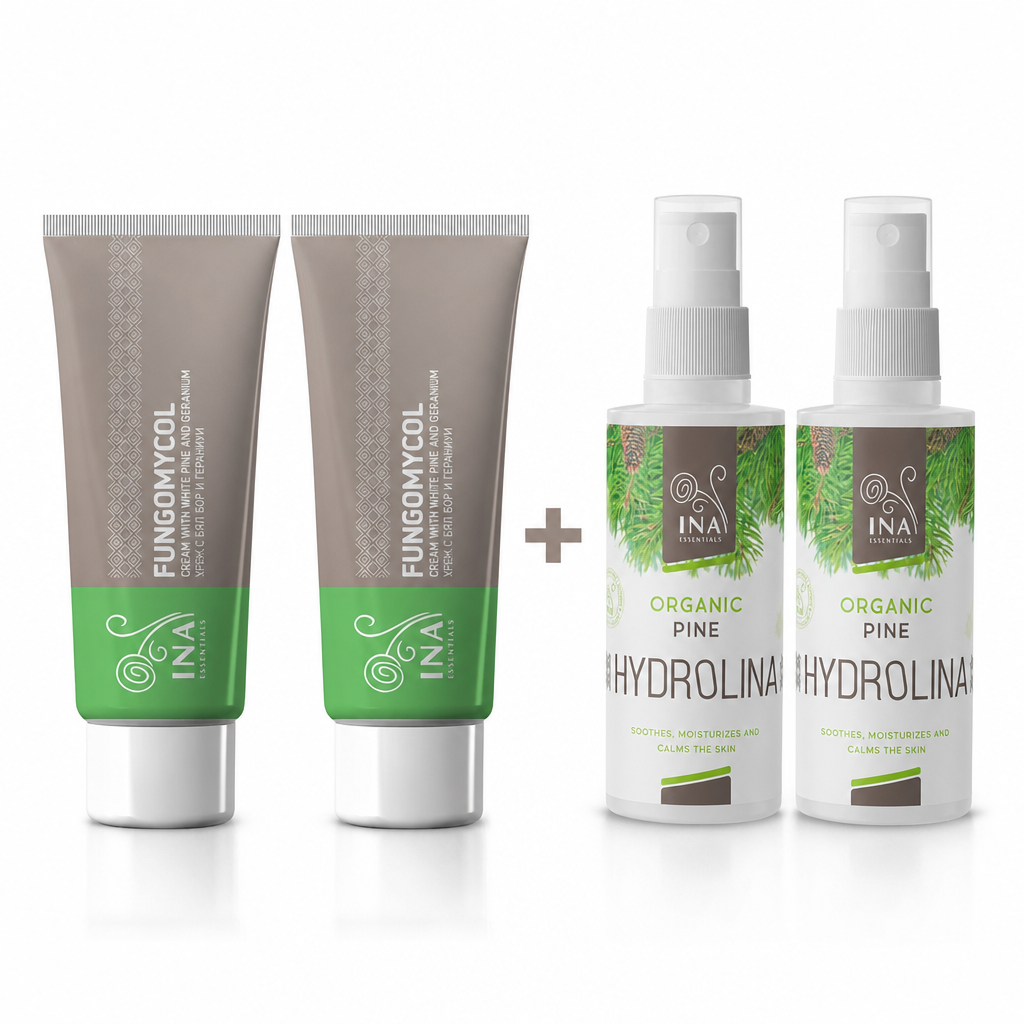 Köp 2 krämer mot nagelsvamp eller torr och sprucken hud och få 2 ekologiska vitpinjevatten gratis InaEssentials Sverige