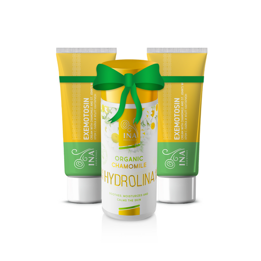 Köp 2 krämer för psoriasis, eksem eller irriterad hud och få 1 ekologiskt kamomillvatten gratis