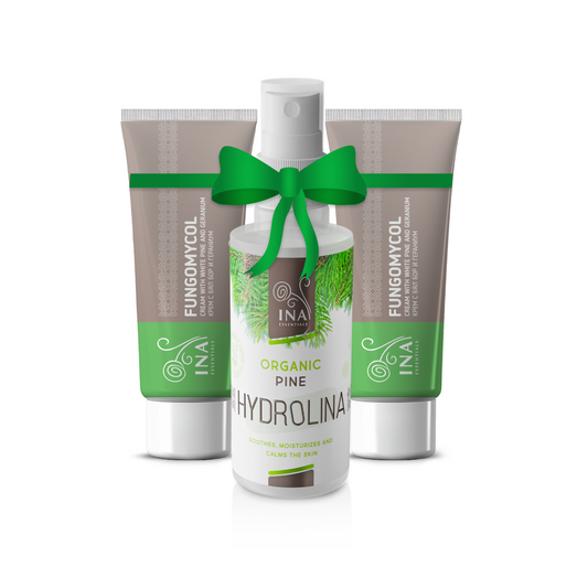 Köp 2 krämer mot nagelsvamp eller torr och sprucken hud och få 1 ekologiskt vitpinjevatten gratis