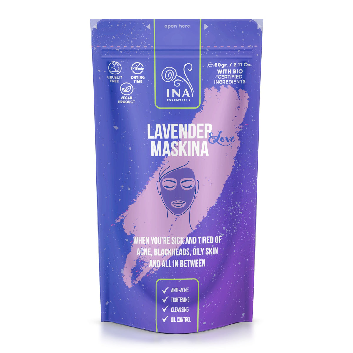 Lavendel Maskina - för FET och AKNEBENÄGEN hud (60g) InaEssentials.UK 
